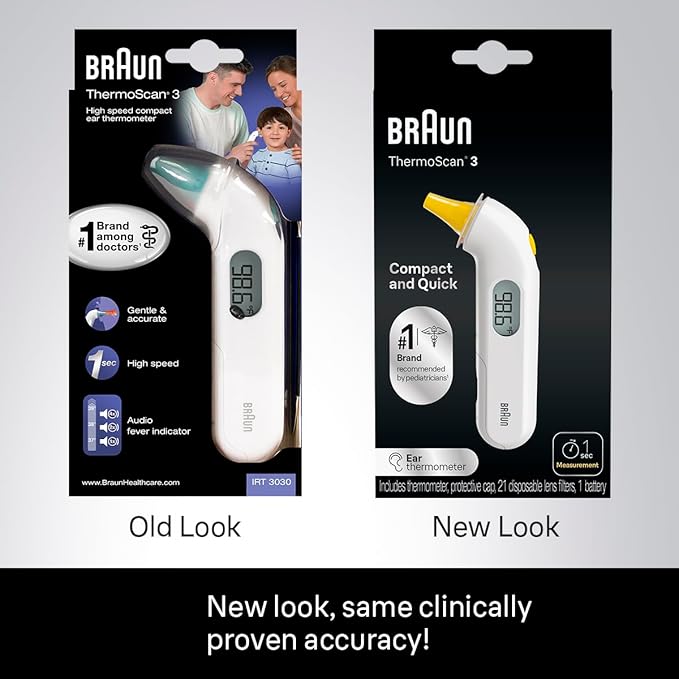 Braun ThermoScan 3 Ear Thermometer, Fast 1 Second Measurement, Audio Fever Indicator, Digital Display, Baby and Infant Friendly, No. 1 Brand Recommended by Pediatricians