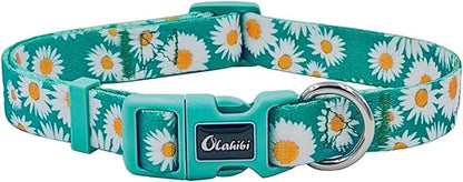 Dog Collar and Leash Set, Cute Daisy Pattern, Polyester Material, 5ft Leash, for Large Dogs.(Large,Green Daisy)
