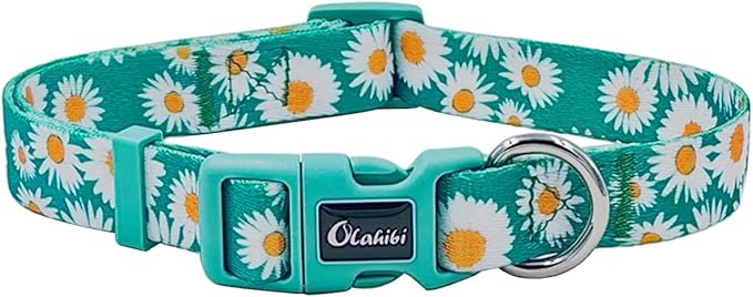 Dog Collar and Leash Set, Cute Daisy Pattern, Polyester Material, 5ft Leash, for Medium Dogs.(Medium,Green Daisy)