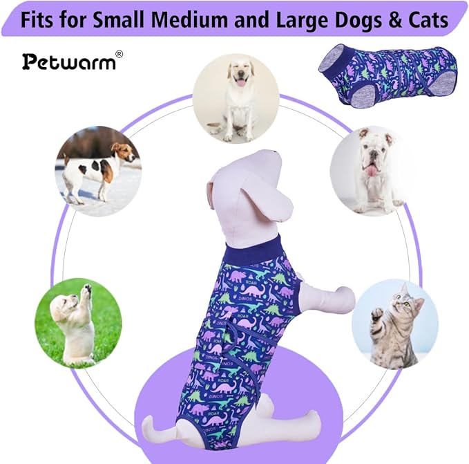 PetWarm Surgery Recovery Suit Female Spay, Onesies for Dogs, Dog Cone Alternative After Surgery Substitute E-Collar and Cone Prevent Dog Onesies Pet Recovery Suit, Dinosaur Pattern, Blue Purple, XS