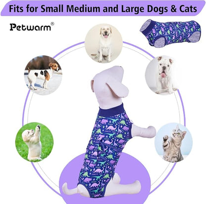 PetWarm Surgery Recovery Suit Female Spay, Onesies for Dogs, Dog Cone Alternative After Surgery Substitute E-Collar and Cone Prevent Dog Onesies Pet Recovery Suit, Dinosaur Pattern, Blue Purple, XS
