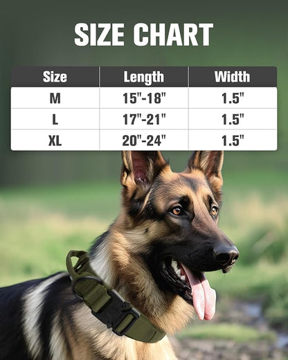 Joytale Tactical Dog Collar with Handle and Metal Buckle, Heavy Duty Padded Military Collar with 2 Patches for Training, Adjustable for Medium Dogs, ArmyGreen, M