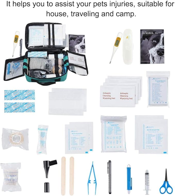 Pet First Aid Kit for Dog, Cat, Rabbit and Other Animal,with Thermometer, Syringe, Otoscope, Perfect for Home Care and Outdoor Travel Emergencies