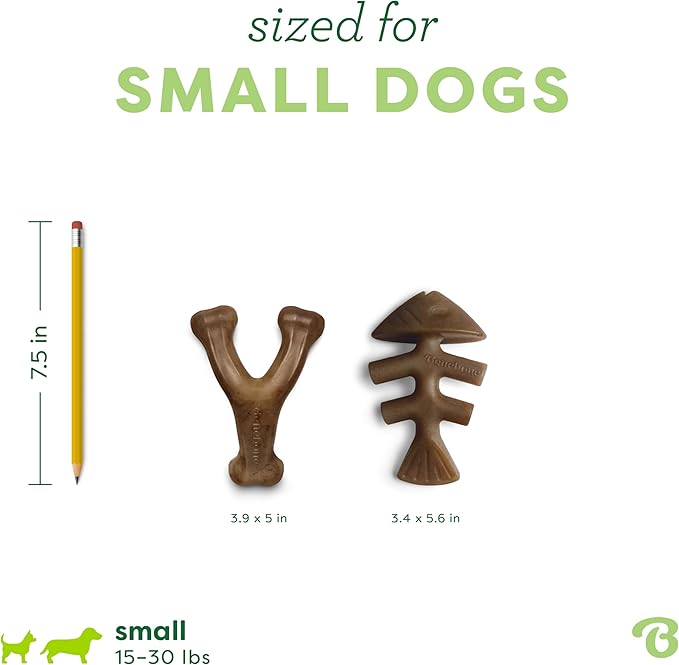 Benebone 2-pack Fishbone/Wishbone Durable Dog Chew Toys, Real Fish, Real Bacon, Made in USA, Small