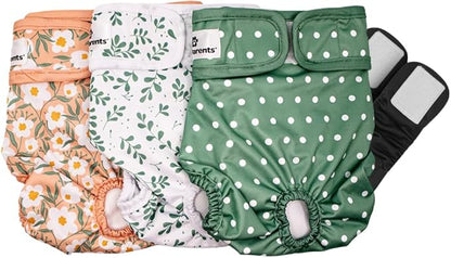 Pet Parents® Washable Dog Diapers (3pack) + Extendrs® of Durable Doggie Diapers, Premium Dog Diapers Female (X-Large, Daisy)