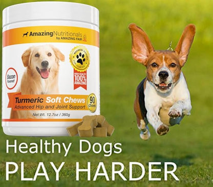 Amazing Turmeric for Dogs Curcumin Pet Antioxidant - Eliminates Joint Pain Inflammation, 90 Bacon Soft Chews