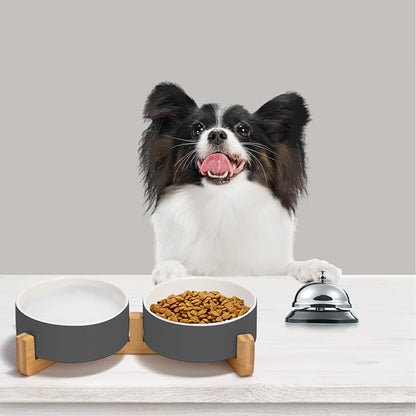 SPUNKYJUNKY Ceramic Dog and Cat Bowl Set with Wooden Stand, Modern Cute Weighted Food Water Set for Small Size Dogs (13.5OZ) & Medium Sized Dogs (28.7OZ) & Cats (1.7 Cups, 2 × White-Gray)