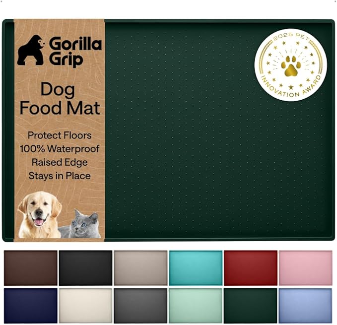 GORILLA GRIP 100% Waterproof Raised Edge BPA Free Silicone Pet Feeding Mat, Dog Cat Food Mats Contain Spills Protects Floors, Placemats for Cats and Dogs Water Bowl, Pets Accessories 18.5x11.5 Green