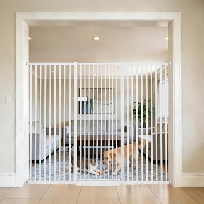 Lumizone Extra Tall Cat Gate 55.12" High Pressure Mounted Extra Wide 2025 New (17 Sizes) 1.37" Gap No Drilling Auto-Close One-Handed Operation Tall Pet Gate for Dogs(White, 55.12" H x 63.39"-67.71" W)