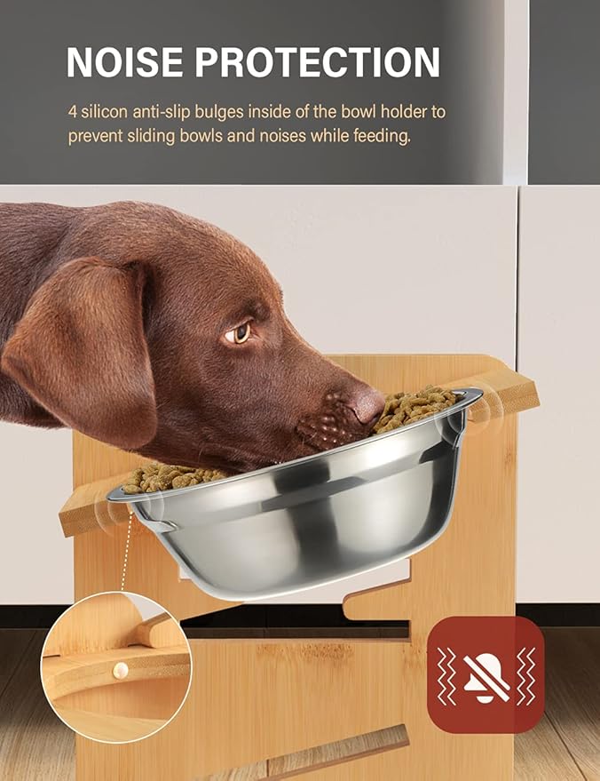 Vantic Elevated Dog Bowls, Adjustable Raised Dog Bowl Stand for Medium Sized Pet, Sturdy Bamboo Food Feeder with 2 Stainless Steel Dishes, Natural