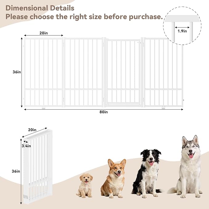 SNUOWU Full Metal Freestanding Dog Gate with Door, 36''Height Foldable Pet Dog Fence for Indoor & Outdoor, 4 Panels Extra Wide Free Standing TallDog Gates for Doorways,House,Stairs,Porch,Deck,Yard