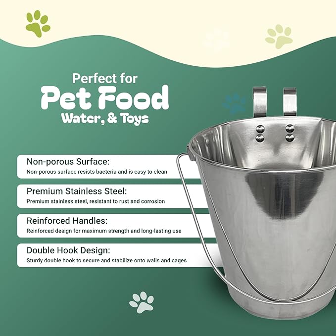 Advance Pet Products 6 Quart Stainless Steel Bucket with Dual Hook | Perfectly Fits on Kennels, Cages and Critter Crates | Heavy Duty Bucket for Pets Cleaning & Food Prep - Flat Sided Pail