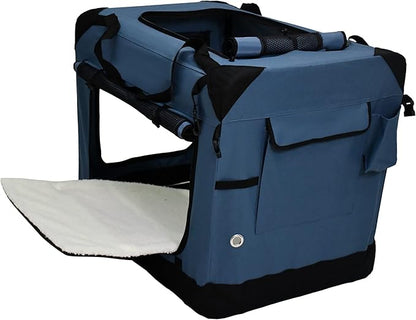 EliteField 4-Door Folding Soft Dog Crate with Curtains, Carrying Bag and Fleece Bed (2 Year Warranty), Indoor & Outdoor Pet Home (42" L x 28" W x 32" H, Blue Gray+4 Door Curtains)