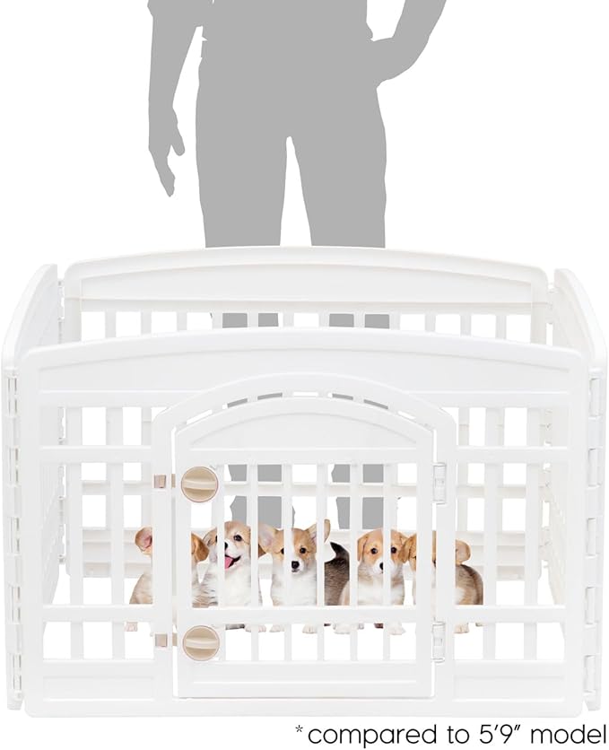 IRIS USA Dog Playpen with Door, 24” 4 Panel Pet Exercise Pen – Indoor Outdoor Puppy Play Pen, Portable Plastic Pet Fence for Small Medium Dogs, Foldable 35” x 35” x 24”, White