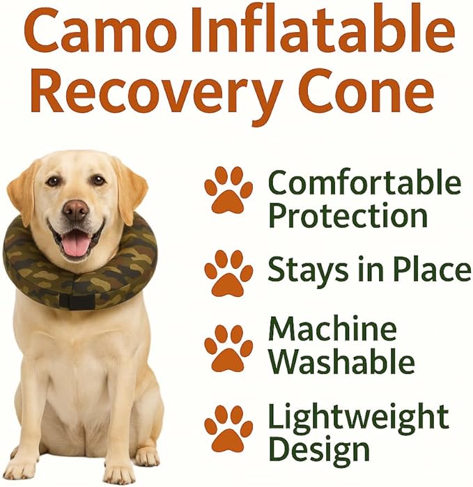 Comfy-K9 Camo Cone - Inflatable Dog Cone with Soft Camouflage Design, Adjustable Blow Up Donut, Machine Washable, Small Size Collar for Comfortable & Stylish Pet Recovery