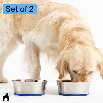 GORILLA GRIP Dog Bowls, Food Grade 304 Stainless Steel, Holds 2 Cups Each (16 fl oz) Food and Water Bowl for Feeding Dogs and Cats, Dishwasher Safe, Rust Resistant, BPA Free Rubber Base Set of 2 Blue