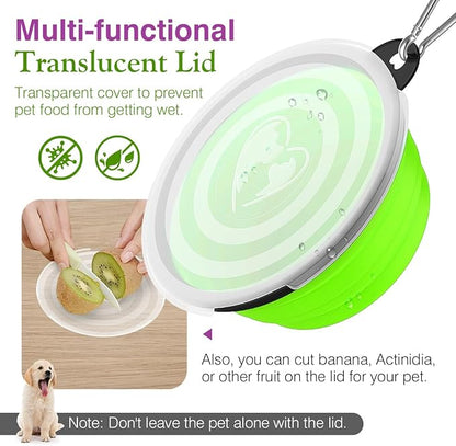 Pawaboo Collapsible Dog Bowls 2 Pack, Silicone Feeding Watering Bowls with Lids & Carabiners for Dogs Cats, Portable Water Feeder Food Bowl for Walking Traveling Home Use, Pink + Green