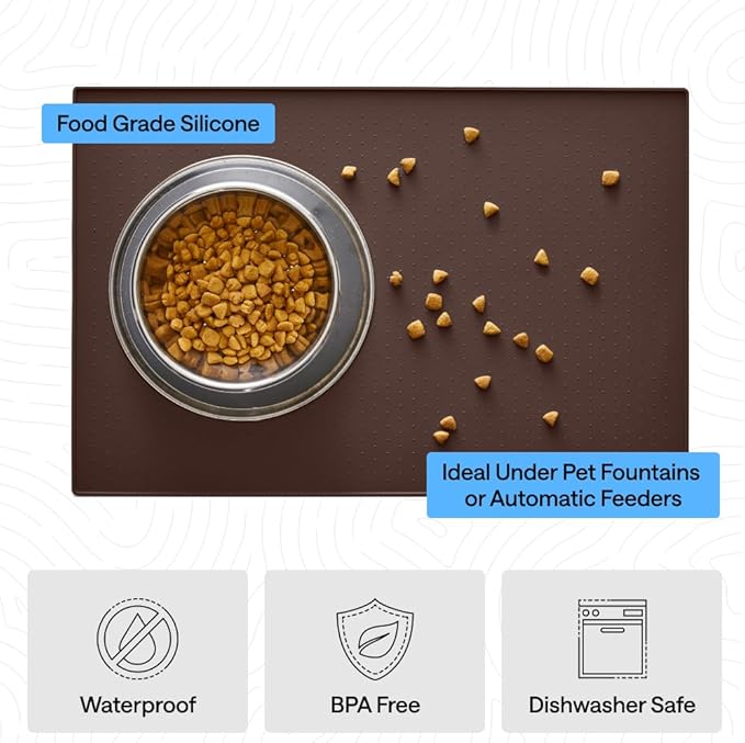 GORILLA GRIP 100% Waterproof Raised Edge BPA Free Silicone Pet Feeding Mat, Dog Cat Food Mats Contain Spills Protects Floors, Placemats for Cats and Dogs Water Bowl, Pets Accessories 18.5x11.5 Brown