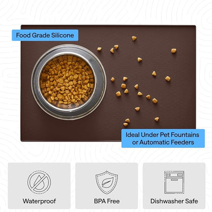 GORILLA GRIP 100% Waterproof Raised Edge BPA Free Silicone Pet Feeding Mat, Dog Cat Food Mats Contain Spills Protects Floors, Placemats for Cats and Dogs Water Bowl, Pets Accessories 18.5x11.5 Brown
