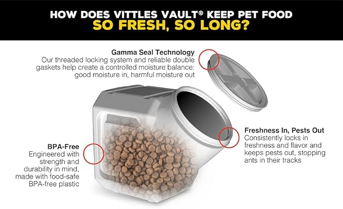 Vittles Vault Traditional Pet Food Storage Container For Dog Kibbles/Bird Seed/Oatmeal/Rice/Flour/Cereal, BPA Free Plastic, Sealed Airtight For Cat Food, Up To 60 lb, Made in USA, With Scoop, Gray