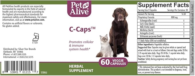 PetAlive C-Caps - All Natural Herbal Supplement Promotes Cellular and Immune System Health in Dogs and Cats - 60 Veggie Caps