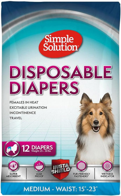 Simple Solution Disposable Female Dog Diapers, Absorbent Leak Proof Protection for Incontinence, Puppy Training, Heat Cycle, Travel, and Housebreaking, Medium Dogs, 15–23 Inch Waist, 12 Count