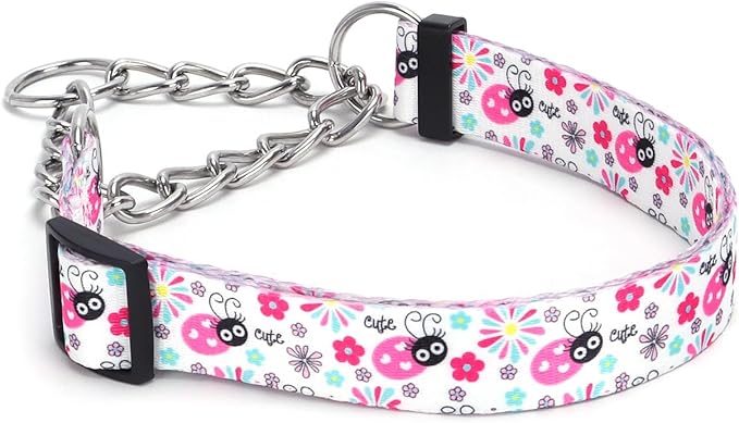 Martingale Dog Collar with Stainless Steel Chain - Limited Chain Cinch Training Collar for No Pull Training Dog - Flower Multicolor Cute Patterns - Premium No Slip Collar (HA12NO19, M)