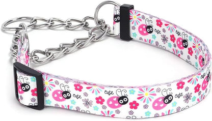 Martingale Dog Collar with Stainless Steel Chain - Limited Chain Cinch Training Collar for No Pull Training Dog - Flower Multicolor Cute Patterns - Premium No Slip Collar (HA12NO19, M)