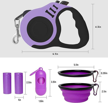 Retractable Dog Leash Automatic Telescopic Tractor Dog Tape, Pet Tape 10/16 FT Durable and Convenient, with Folding Bowl, Dispenser, Rubbish Bags, Suitable for Small and Medium Dogs