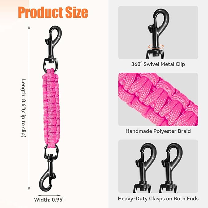 Dog Collar Safety Clip, Collar Companion, Handmade Backup Safety Strap, Double-Ended Clip Leash Connector, Suitable for Dog Harnesses, Prong, Pinch Collars (Pink, 1 Pack)
