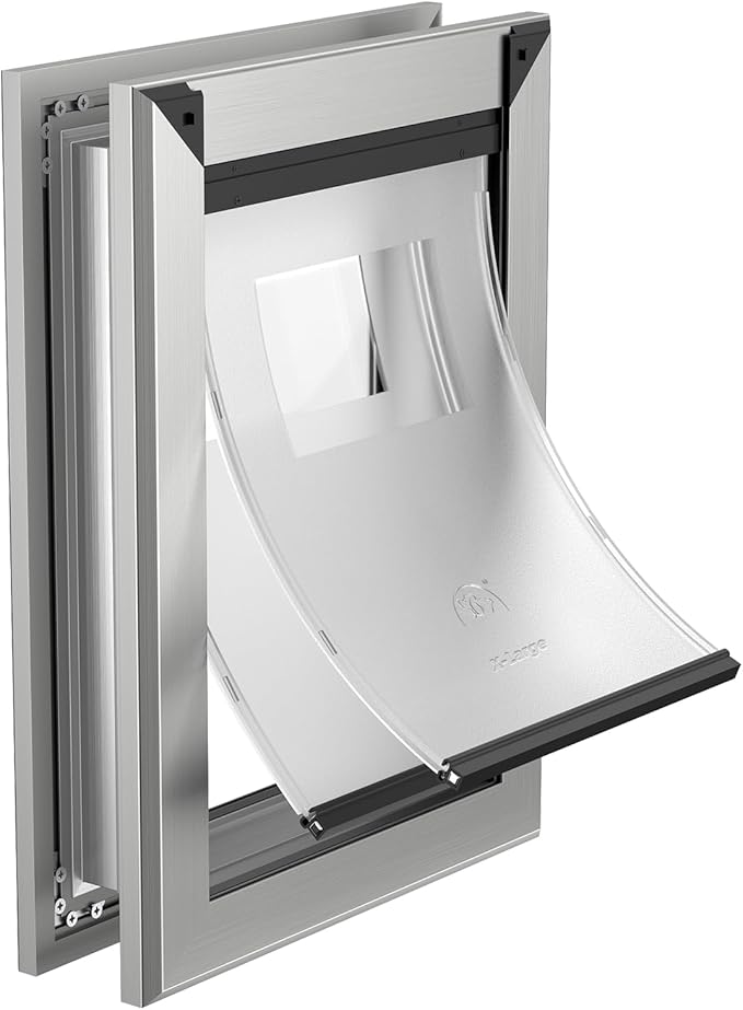 MAVRICFLEX Heavy Duty Dog Door for X-Large Dogs Up to 220LBS, Aluminum Frame Dog Door with Double Sliding Panel and 2 Soft Flaps, Easy to Install, Extra-Large, Matte Silver