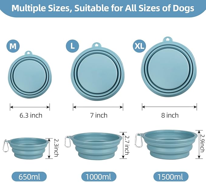 Kytely 2 Pack Collapsible Dog Bowls - 1000ml Portable Pet Food & Water Bowls with Carabiner Clip, Foldable Travel Dog Dish for Hiking, Walking, Camping (Blue & Grey)