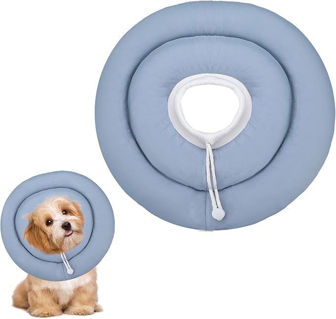 Waterproof Escape-Proof Soft Dog Cones, Adjustable Small Dog Donut Collar with Elastic Neckband, Elizabethan Collar for Dogs, Neck Pillow for Dogs and Cats (Blue-Gray, L)