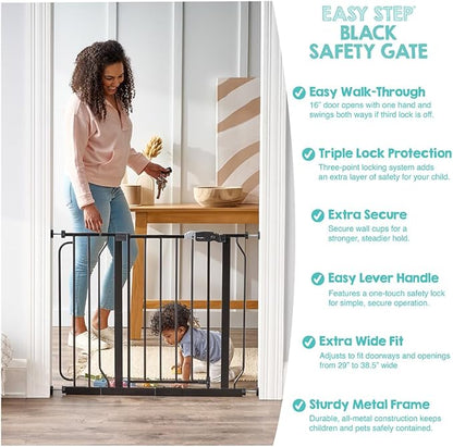 Regalo Safety 29-38.5" Baby Gate for Doorways & Bottom of Stairs, Pressure Mounted Baby Gate with Door for Babies, Toddlers & Pets, Tested & Safe for 30 Years, American Designed, American Owned, Black