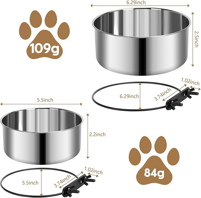 2 Pack Kennel Bowls Mountable,Dog Crate Water Bowl No Spill,Hanging Dog Bowl for Crate Cage,Stainless Steel Dogs Water Feeder Dish for Dogs Cats Bunny Ferret Bird,Silver