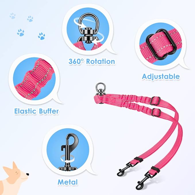 AUTOWT Double Dog Leash, No Tangle 360°Swivel Rotation Reflective Lead Attachment Adjustable Length Dual Two Dogs Lead Splitter, Comfortable Shock Absorbing Walking Training for 2 Dogs
