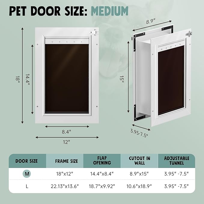 3-Flap Insulated Aluminum Doggy Door for Walls, Heavy-Duty Telescoping Pet Door with Dual Security Locks & Magnetic Flaps, Closing Panel, Medium, Pets Up to 45 LB