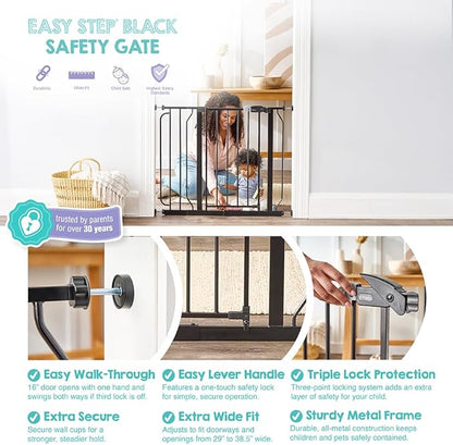Regalo Safety 29-38.5" Baby Gate for Doorways & Bottom of Stairs, Pressure Mounted Baby Gate with Door for Babies, Toddlers & Pets, Tested & Safe for 30 Years, American Designed, American Owned, Black