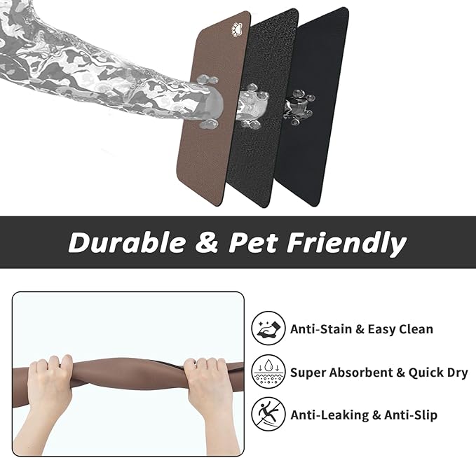 HotLive Dog Food Mat - Absorbent Cat Mat for Food and Water, No Stains Pet Feeding Bowl Mat, Easy to Clean Pet Placemats, Quick Dry Dog Water Dispenser Mat for Messy Drinkers | Paw Brown 18"x34"