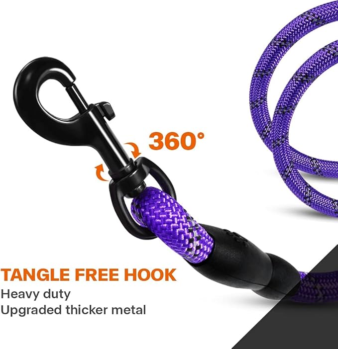 Taglory Rope Dog Leash 4 FT with Comfortable Padded Handle, Highly Reflective Threads Leash and Anti-Tangle Clip for Walking Medium Large Dogs, 1/2 inch, Purple