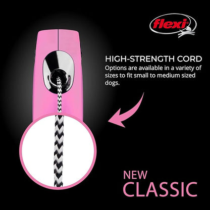 FLEXI® Classic XS Cord Retractable Dog Leash (Pink)-10 ft for Extra Small, Tiny Dogs up to 18 lbs| Ultra Compact Pocket-Size, 3-Finger Grip, German Quality| Tangle-Free, One-Hand Brake, Pause & Lock