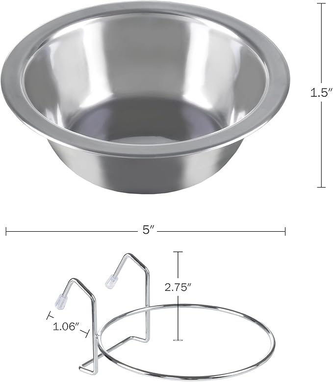 Set of 2 Stainless-Steel Dog Bowls - Cage, Kennel, and Crate Hanging Pet Bowls for Food and Water - 8oz Each and Dishwasher Safe by PETMAKER, Silver
