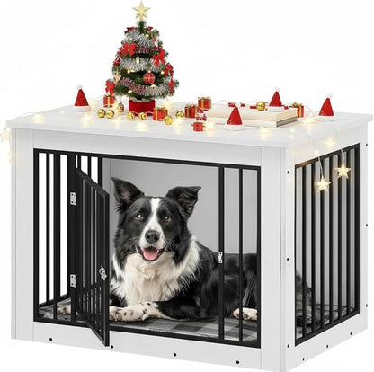 YITAHOME 38.2" L Dog Crate Furniture for Large Dogs, 2-in-1 Iron-Wood Fusion Dog cage Indoor up to 60 lb, Side End Table, Modern Dogs Kennel with Waterproof Top, Safety Corners,Steel Lock,White