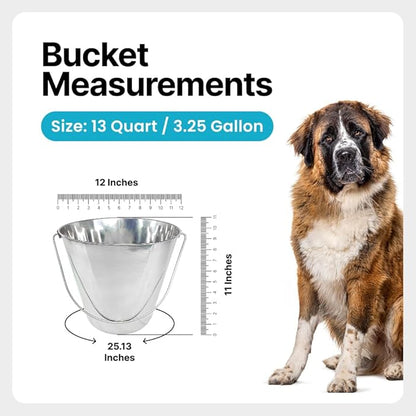 Heavy Duty Stainless Steel Bucket 13 Quart - 3 Gallon Flat Side Metal Bucket for Feeding & Watering Pets, Livestock & Cleaning - Perfect for Crates, Kennels, Cages & Hang on Fences