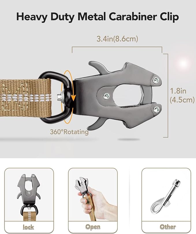 Joytale Tactical Dog Leash Heavy Duty, 4-6FT Shock Absorbing Bungee Lead with 2 Padded Handle, Metal Carabiner Clip, Car Seatbelt, Strong No Pull Leash for Medium Large X-Large Dogs, Coyote Brown