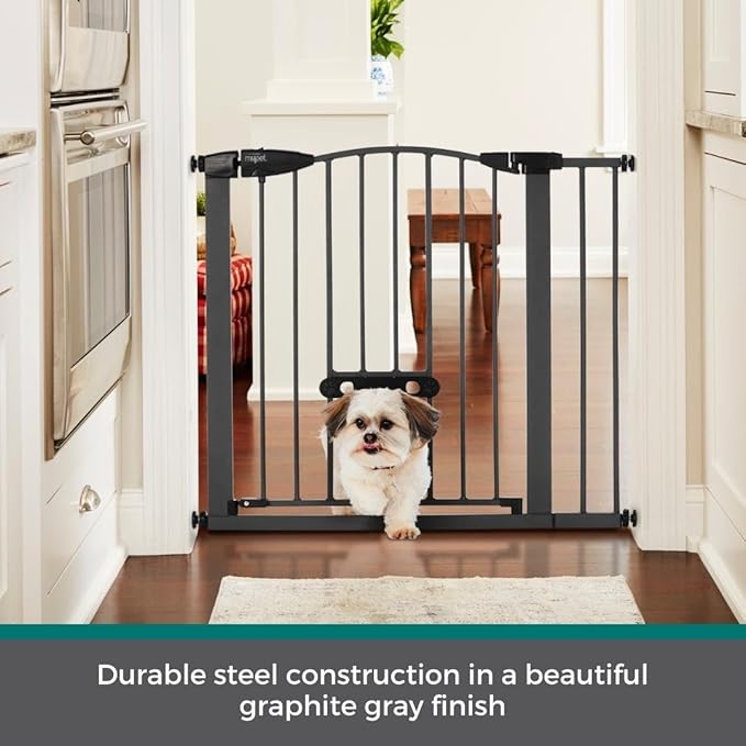 MYPET North States Wide Deco EasyPass Pet Gate with Patented Adjustable pet Door: 29.75" - 40.5" Wide Dog Gate. Pressure Mount, No Tools Needed. Dog Gates for The House, 31" Tall, Graphite