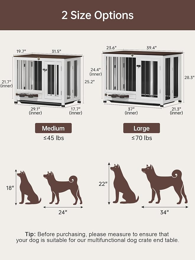 39.4" Dog Crate Furniture - Sturdy Dog Kennel with 360° Rotating Feeder & Removable Tray, Wooden End Table for Living Room, Dog Cage for Small & Medium, White
