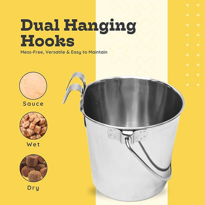 4 Quart Stainless Steel Flat Sided Bucket with Dual Hooks | 1 gal Durable Food & Water Bowl for XL Dogs, Cats, Goat & Livestock | Fits kennel Cage Critter Crate | Hanging Utility Pet Pail