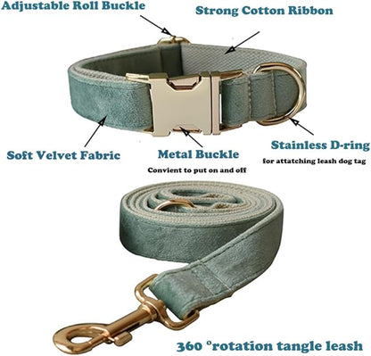 Love Dream Velvet Dog Collar and Leash Set, Soft & Comfy Adjustable Dog Leash and Collar with Heavy Duty Metal Buckle for Small Medium Large Dogs Training & Walking (Large, Mint Green)