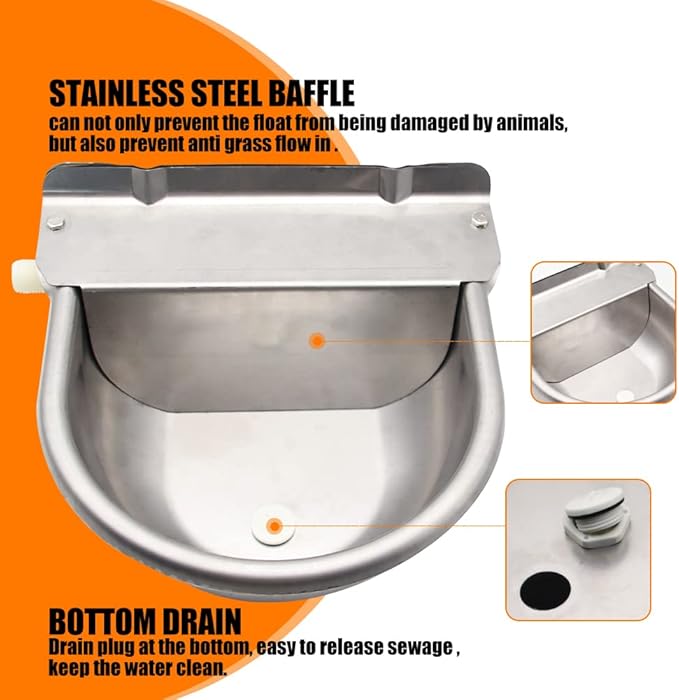 Automatic Animal Drinking Water Bowl with Float Valve,304 Stainless Steel Livestock Dispenser Waterer with Drainage Hole,Includes Water Bowl,3/4''Water Hose,2 Float Valves and Mounting Bolts